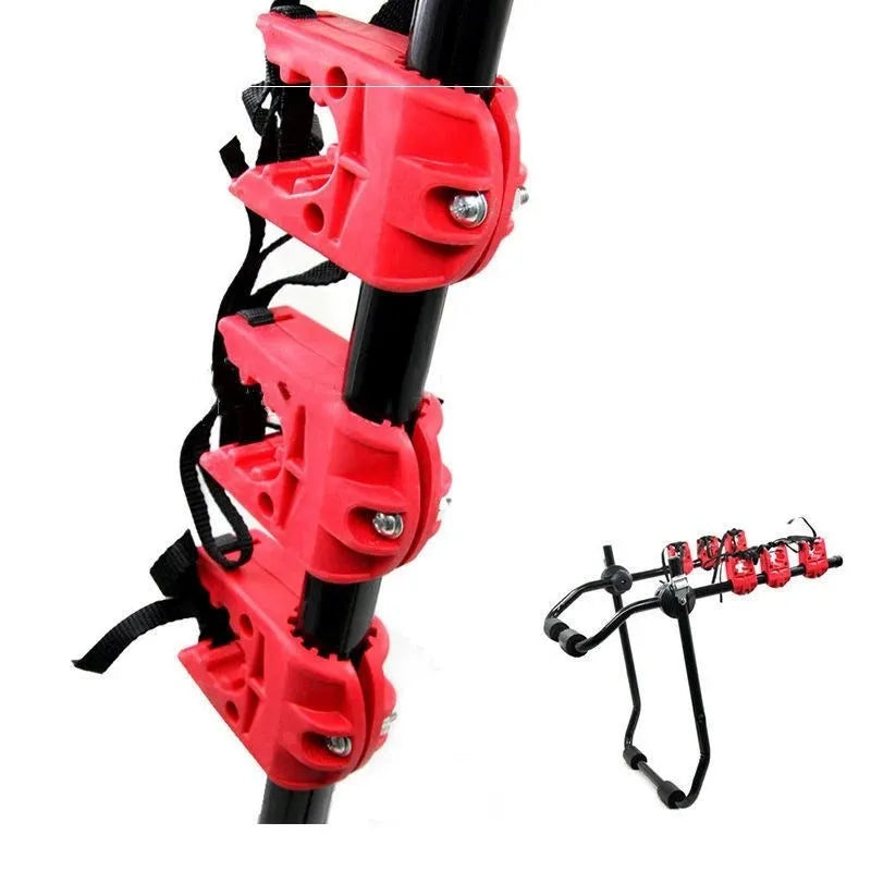 Black and red car boot mounted bicycle rack with protective sponge padding