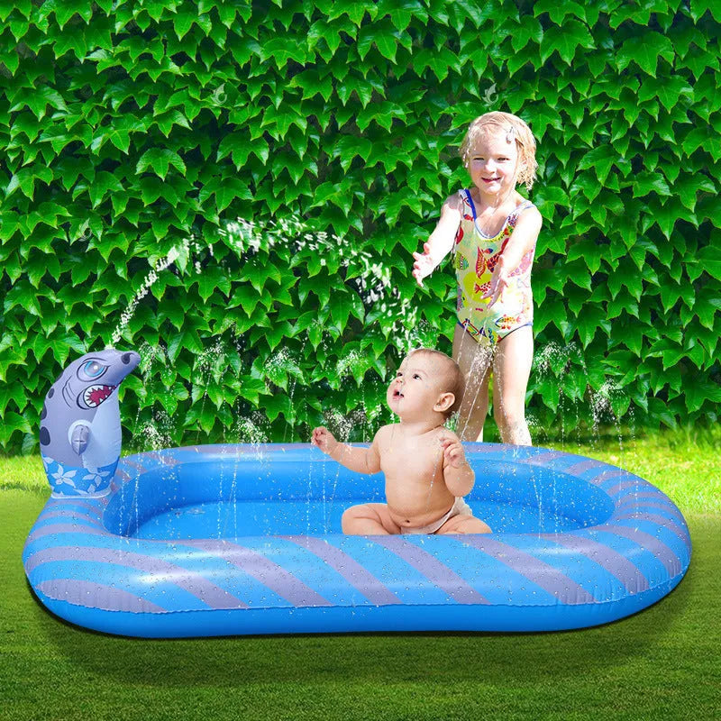 Blue dinosaur-shaped inflatable water pool with multiple sprayers for children's outdoor play