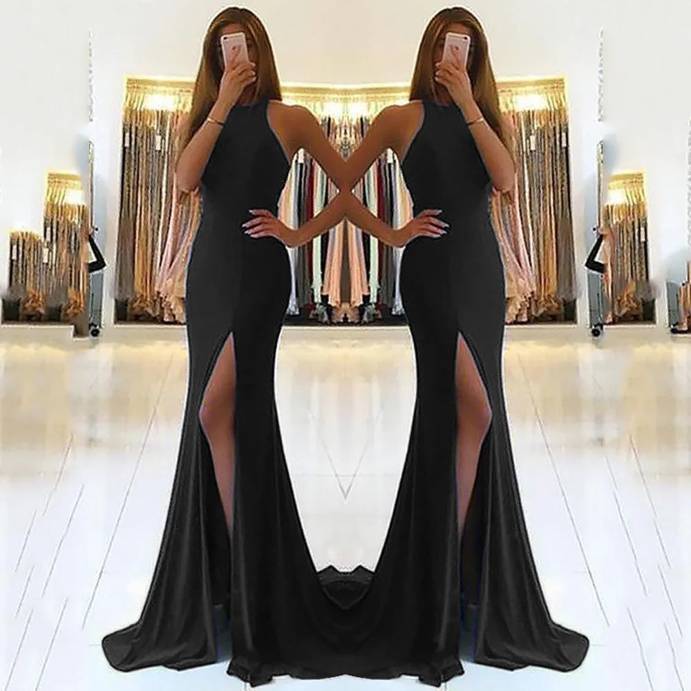 Red knitted long evening dress with large swing skirt, high waist, hollow detailing, and hanging neckline