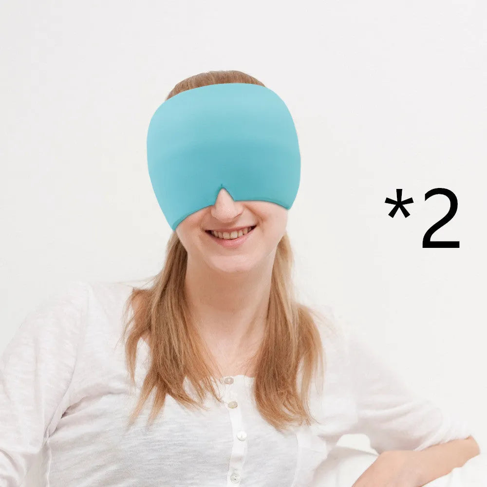 Cold therapy gel eye mask for headache relief in black colour on forehead