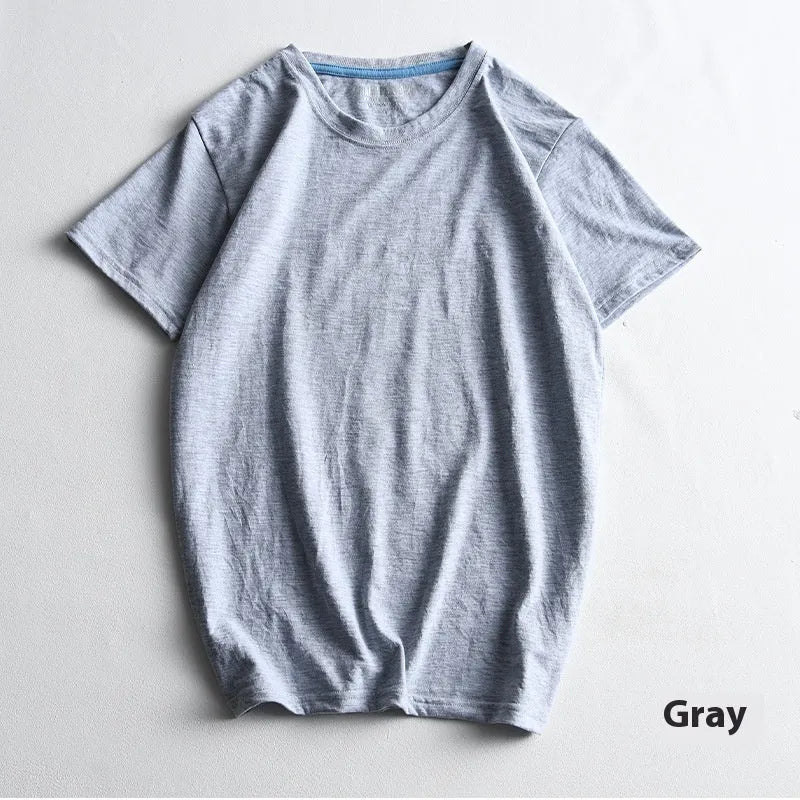 Men's solid colour cotton round neck t-shirt on hanger showing short sleeve design