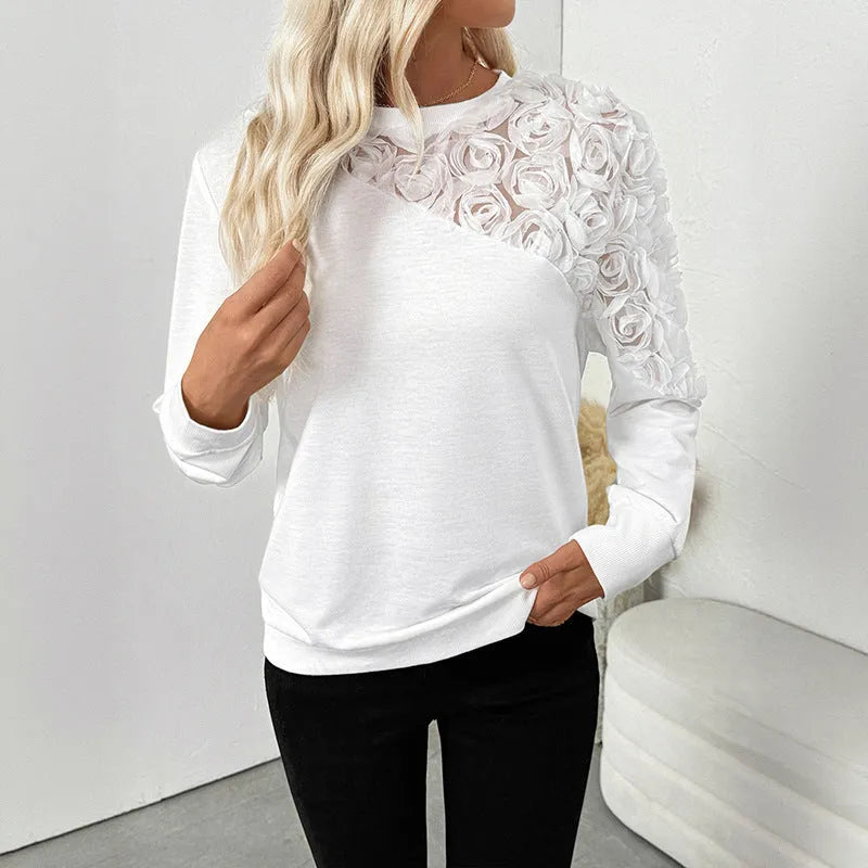 White long sleeve floral pattern pullover top with loose fit