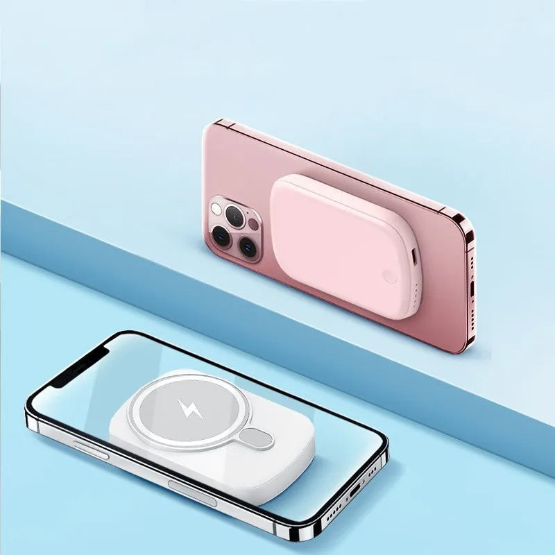 Magsafe magnetic wireless power bank in black, pink, white, or purple colour options showing front view.