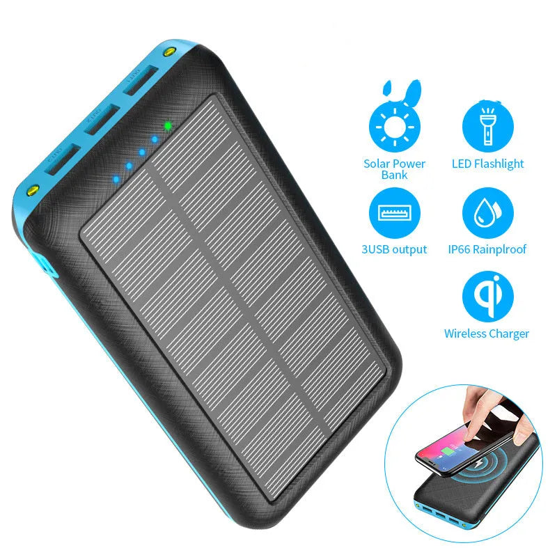 Black portable power bank with solar panel, wireless charging surface, and three USB output ports