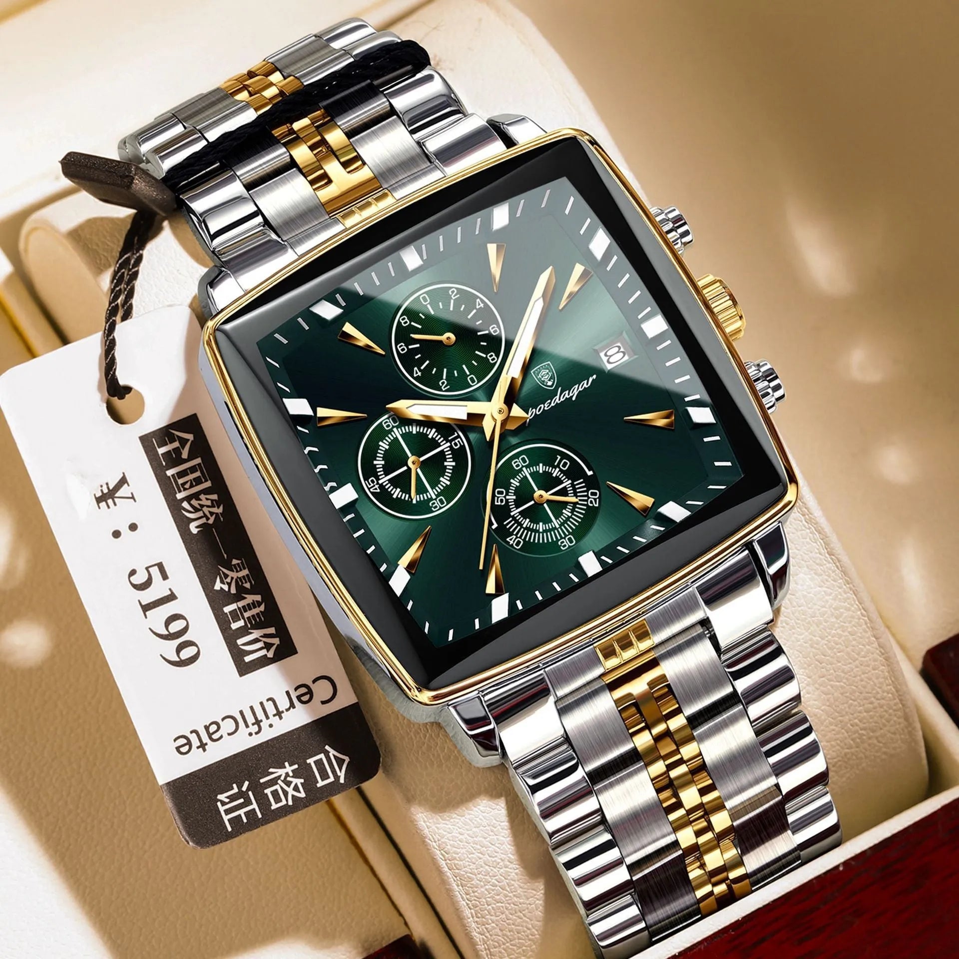 Square men's business quartz watch with stainless steel strap and mineral glass face.