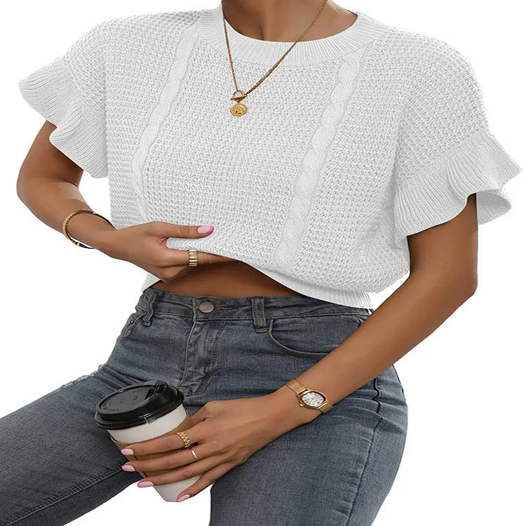 Women's twisted string and ruffled sleeve knitted pullover sweater in loose Japanese Korean style.