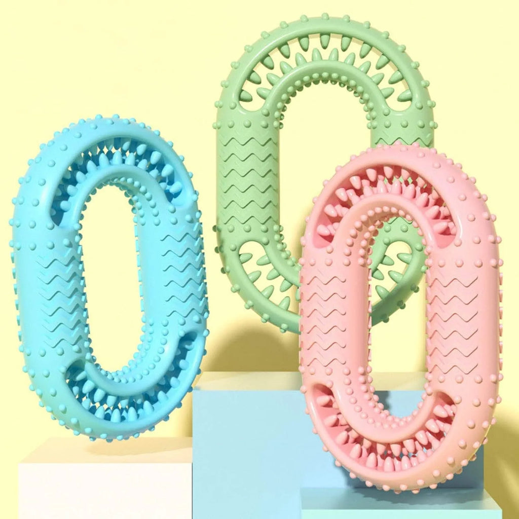Blue green pink resistant O-ring dog chewing toy for aggressive chewers measuring 12.5cm