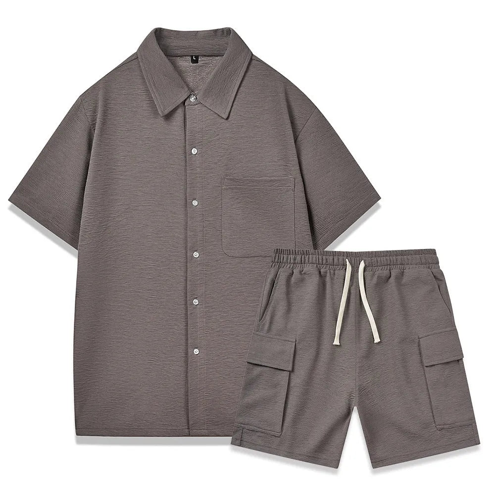 Women's beige polyester short sleeve top and elastic waist shorts two-piece set