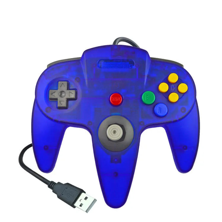 Blue USB N64 game controller for PC computers on a grey background.