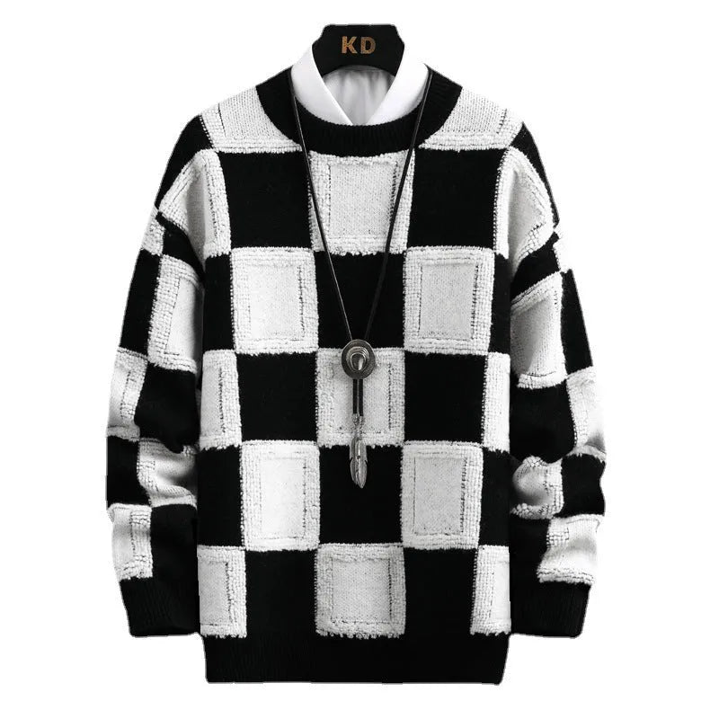 Men's loose fit plaid round neck sweater in black and white acrylic fabric