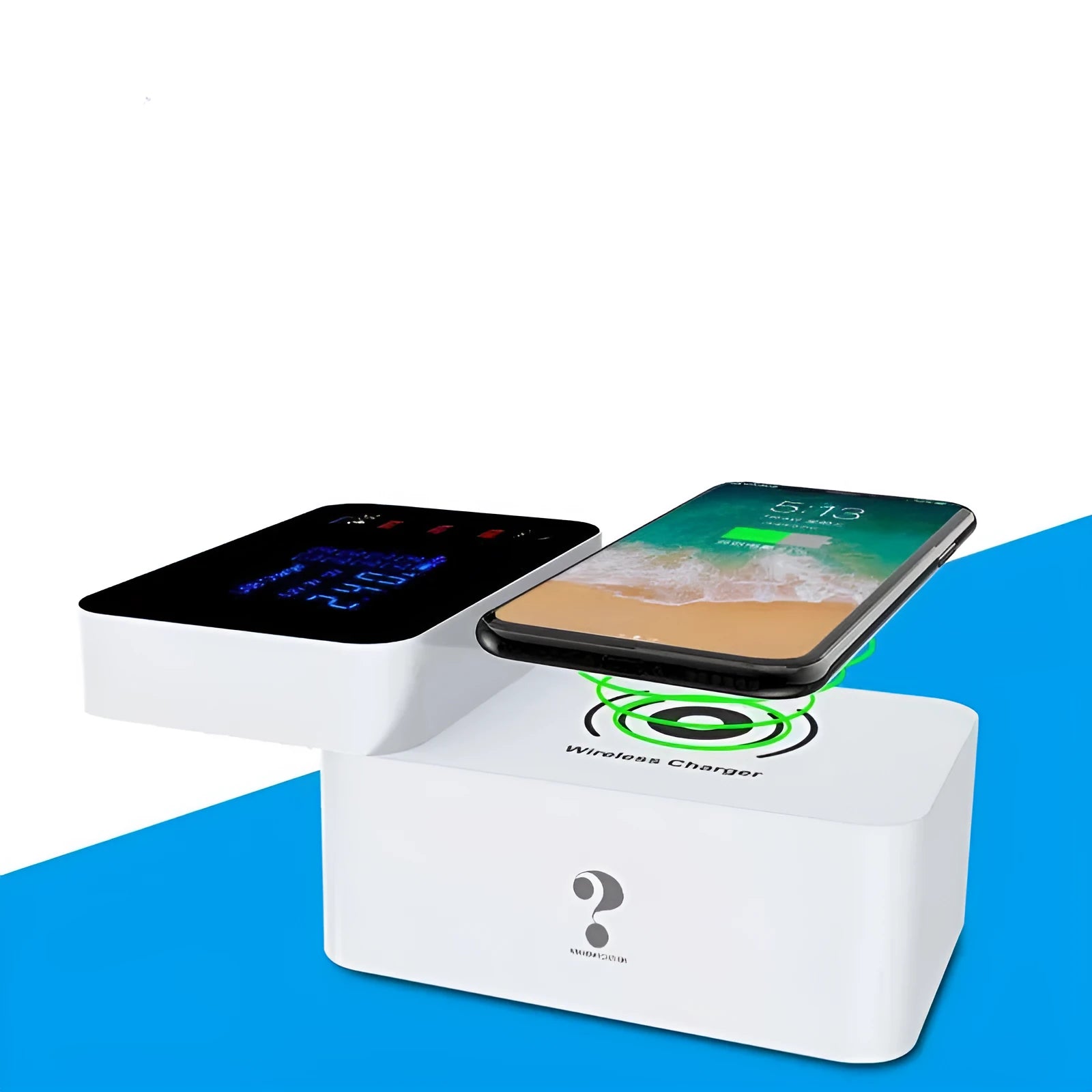 White multi USB port fast charger with wireless charging pad on top, showing four USB ports and UK plug adapter