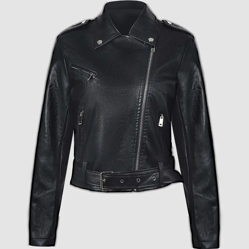 Women's black PU imitation leather motorcycle jacket with short lapel and waist belt