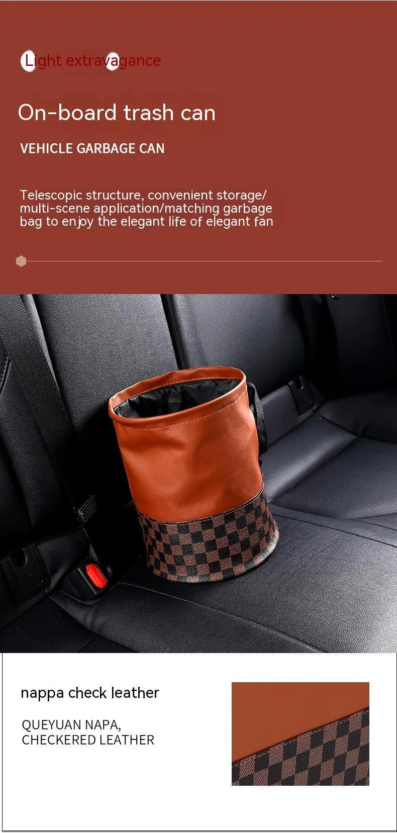 Retractable leather car interior trash can shown in available colour with folding handle design