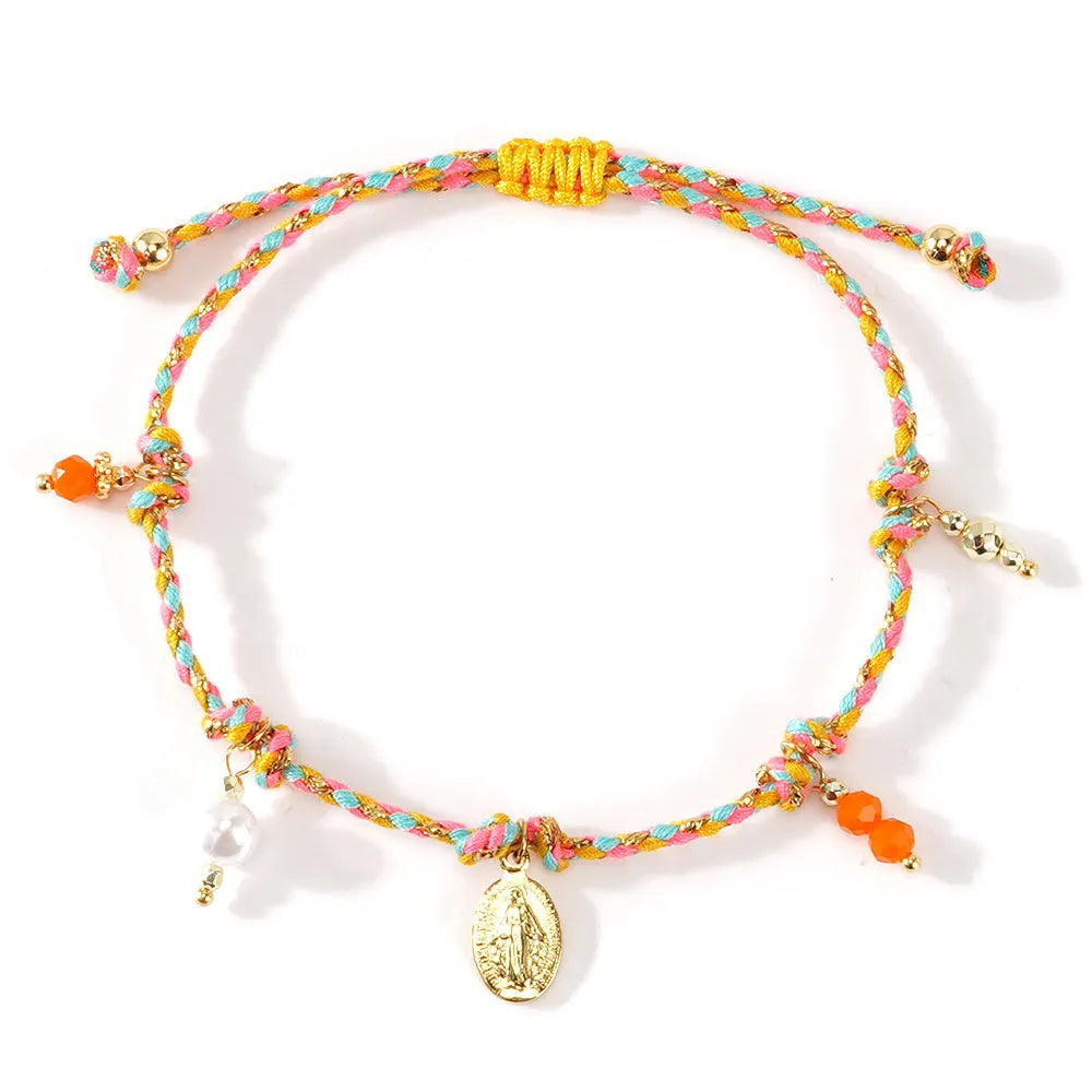 A colourful hand-woven braided rope bracelet for women in an ethnic strap tag style.