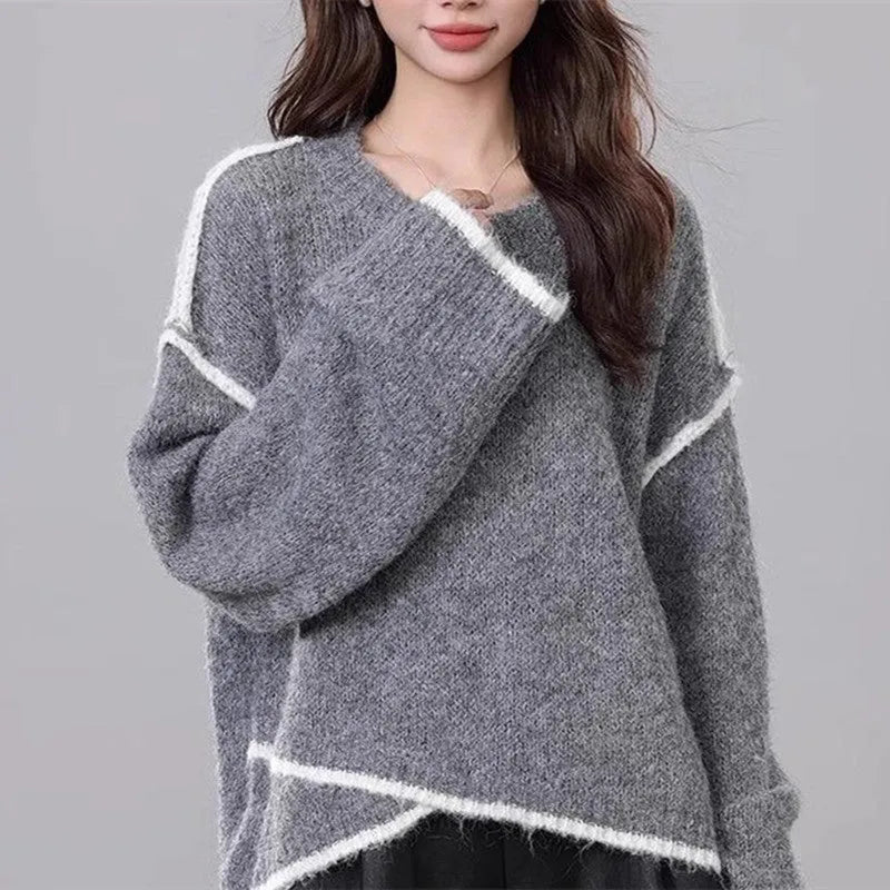 Women's cotton loose fit pullover sweater in gray color with regular sleeves