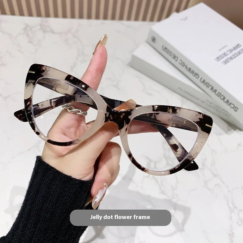 Women's large frame cat's eye presbyopic glasses with dragon and phoenix decorations in black floral frame