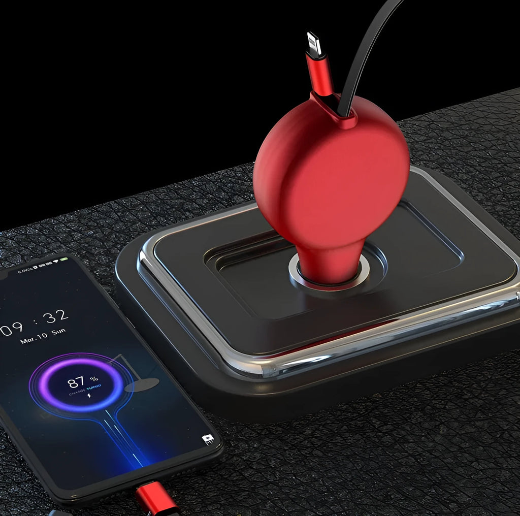 Retractable car charger with extended cables showing Type-C and USB-A charging heads in black or red colour