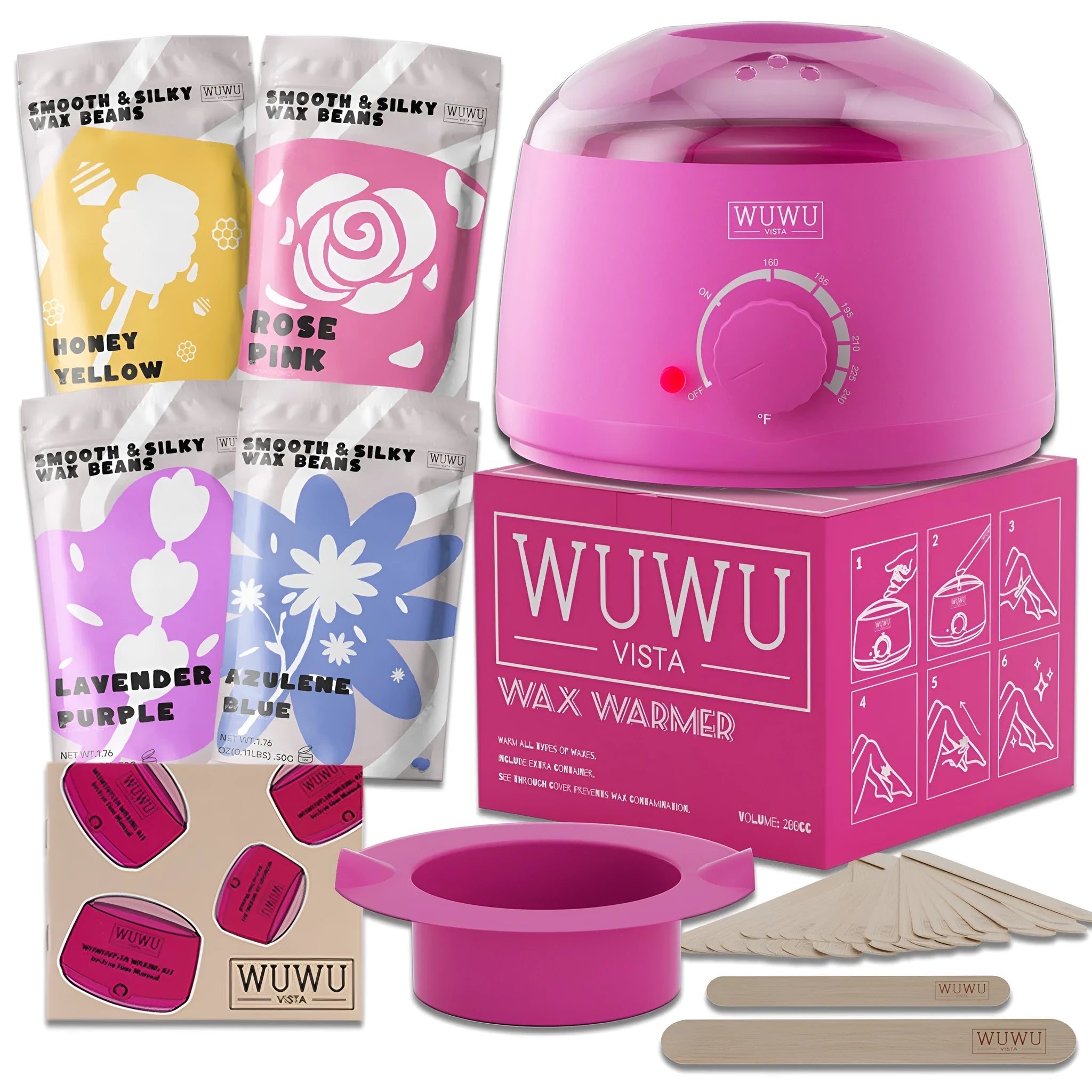 27-piece hair removal wax kit with wax machine, four coloured wax beads, and dual facial and body wax sticks