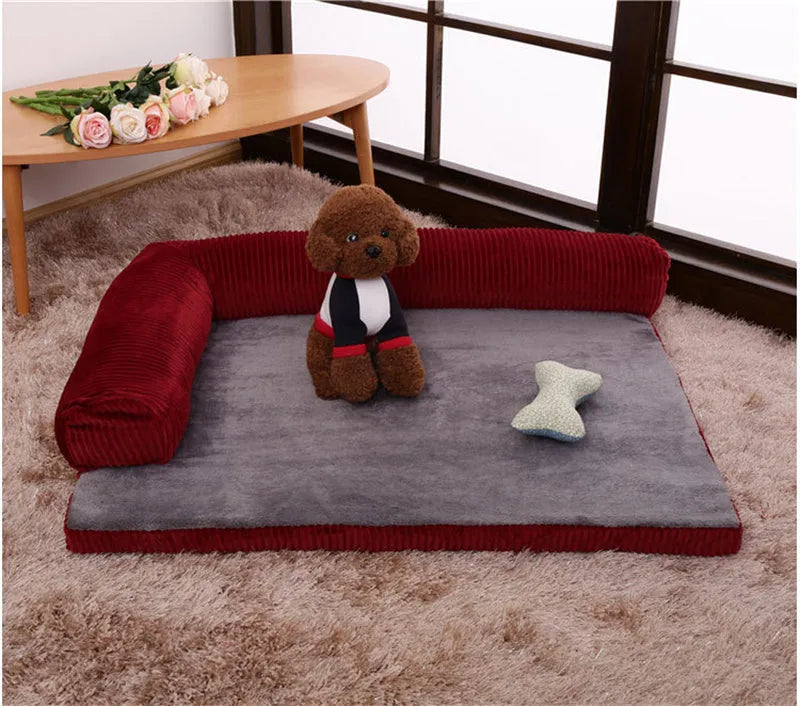 Corduroy pet sofa bed in grey colour with unilateral bolster, showing high-density sponge padding and non-slip base.