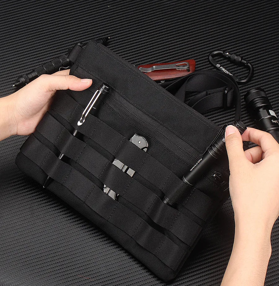 Black oxford cloth tactical pouch measuring 18cm by 3.5cm for outdoor gear.