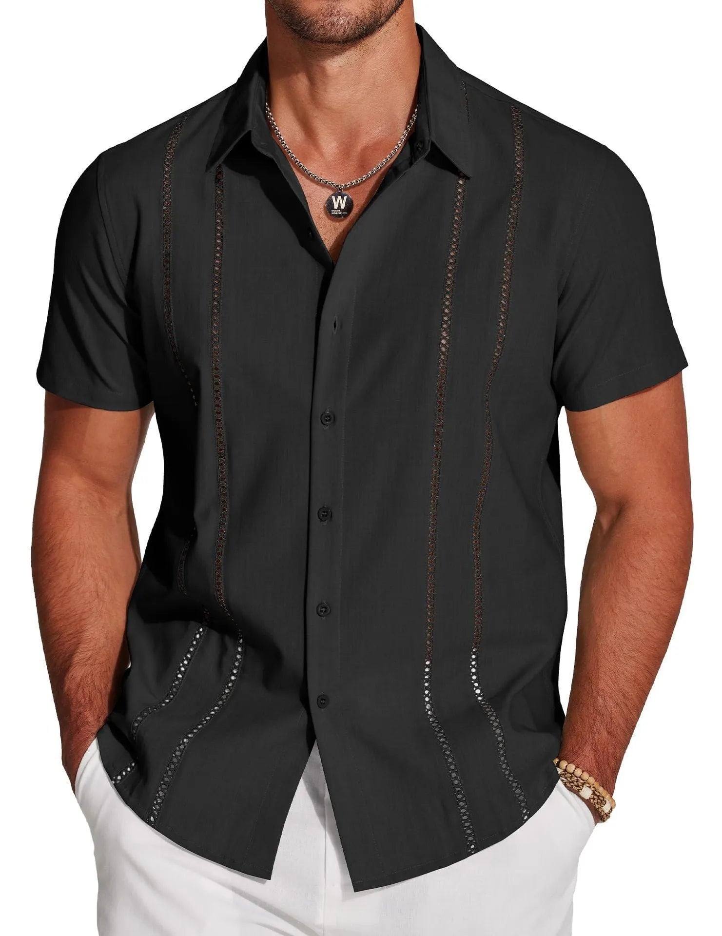 Men's slim fit Hawaiian short sleeve shirt with digital printed pattern and elastic polyester fabric