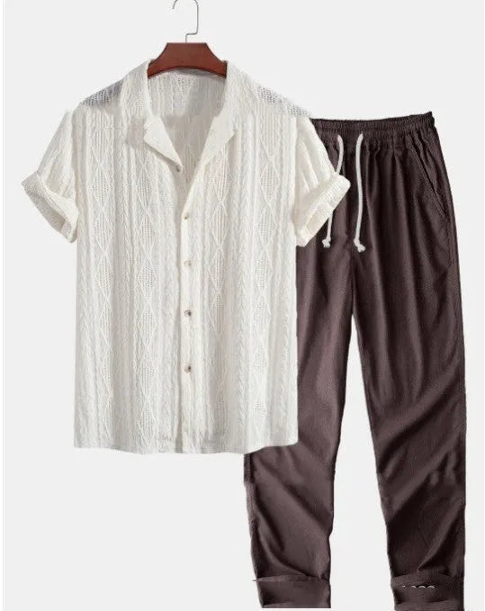 Men's loose fit milk silk summer suit set showing short sleeve shirt and trousers in a casual colour.