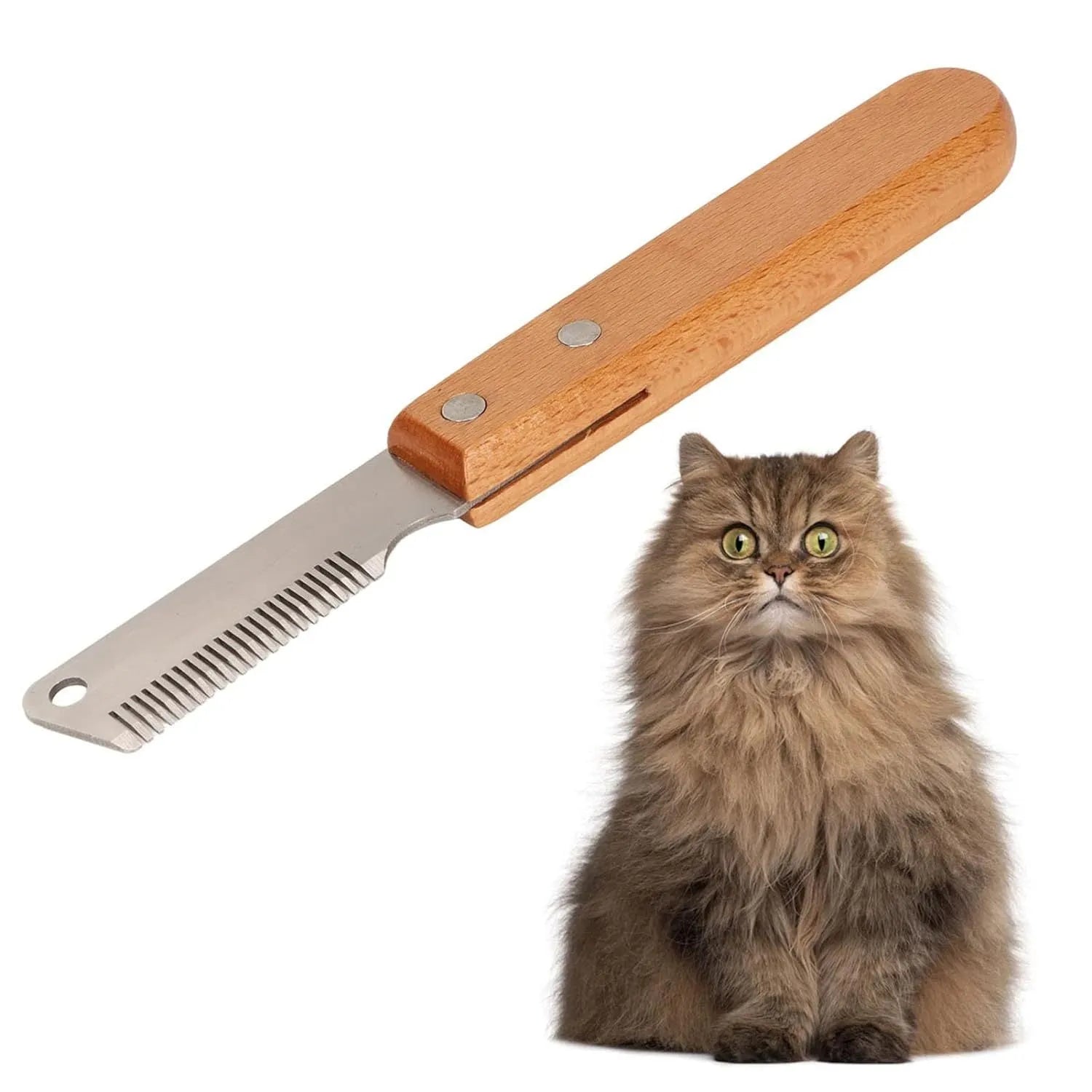 Pet stripping comb with wood handle and metal blade for dog and cat grooming