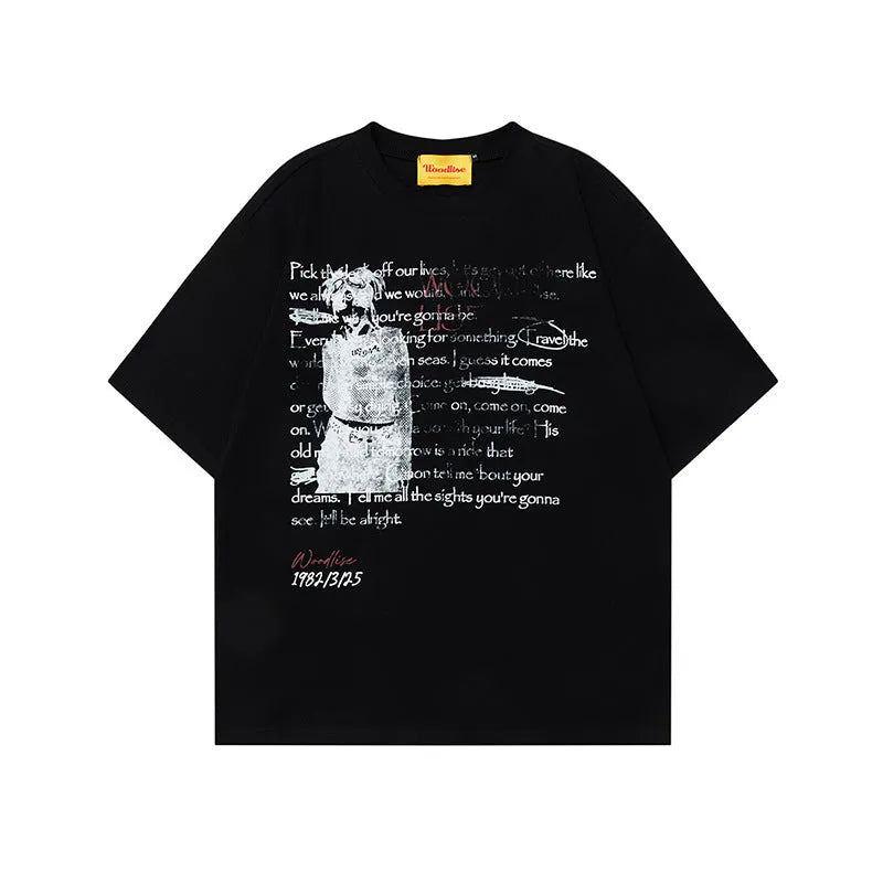Men's black pure cotton hip hop style T-shirt with loose fit and letter print design