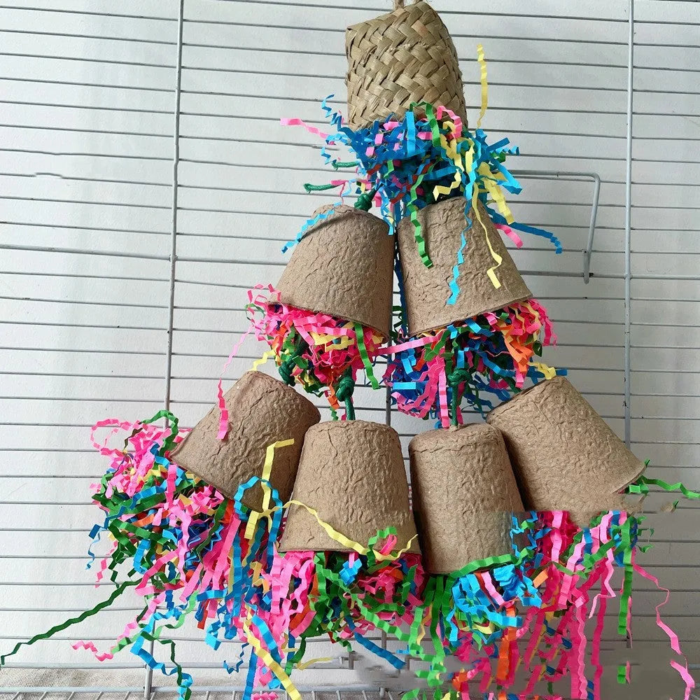 Parrot gnawing toy made from woven palm paper cup material, hanging at 38cm.