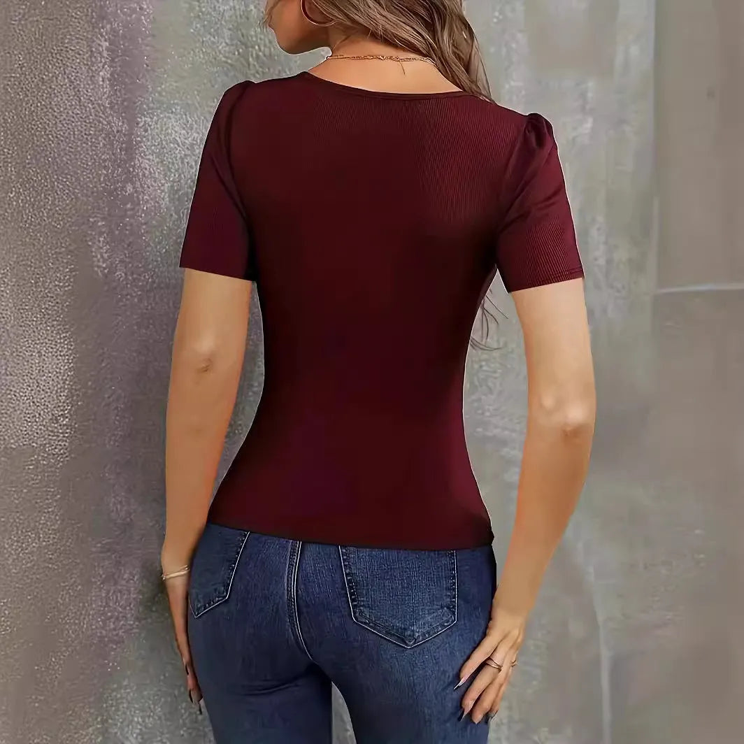 Women's wine red slim fit V-neck knitted short sleeve pullover on hanger