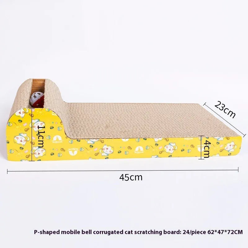 Wall-mounted cat scratch board in decorative shape made from corrugated paper with leather hanging tab