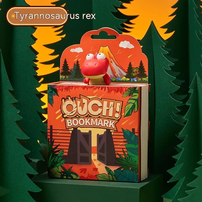 Dinosaur bookmark collection showing Tyrannosaurus Rex, Triceratops, Stegosaurus, Parasaurolophus designs in animation style