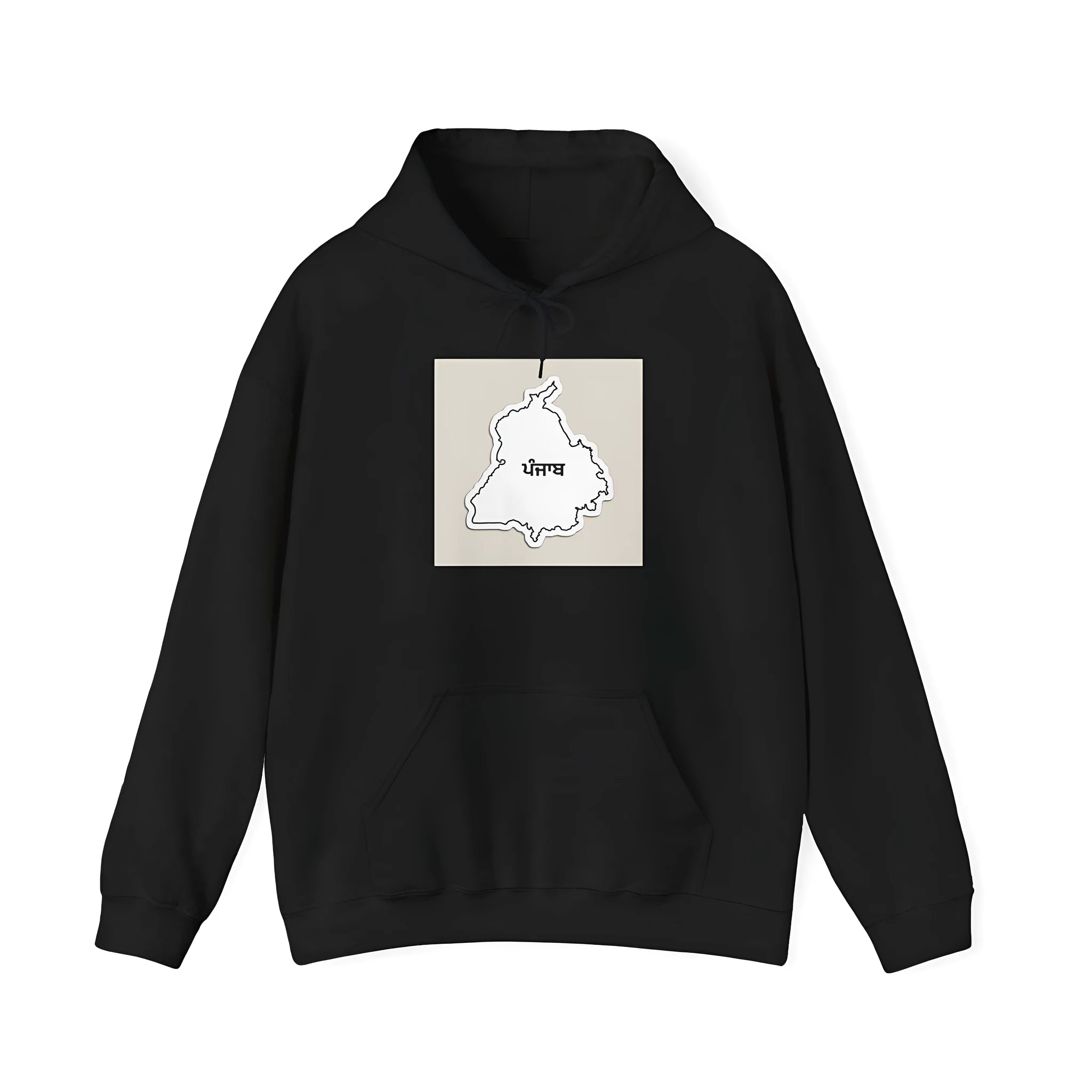 Black drop-shoulder loose fit hoodie with front pocket and printing detail