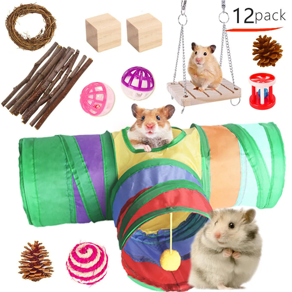 Natural wooden chewing toy set for small animals including straw mats, woven balls and plant-based components