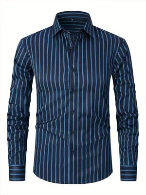 Men's striped long sleeve business shirt in ice silk polyester with cardigan style and slim fit