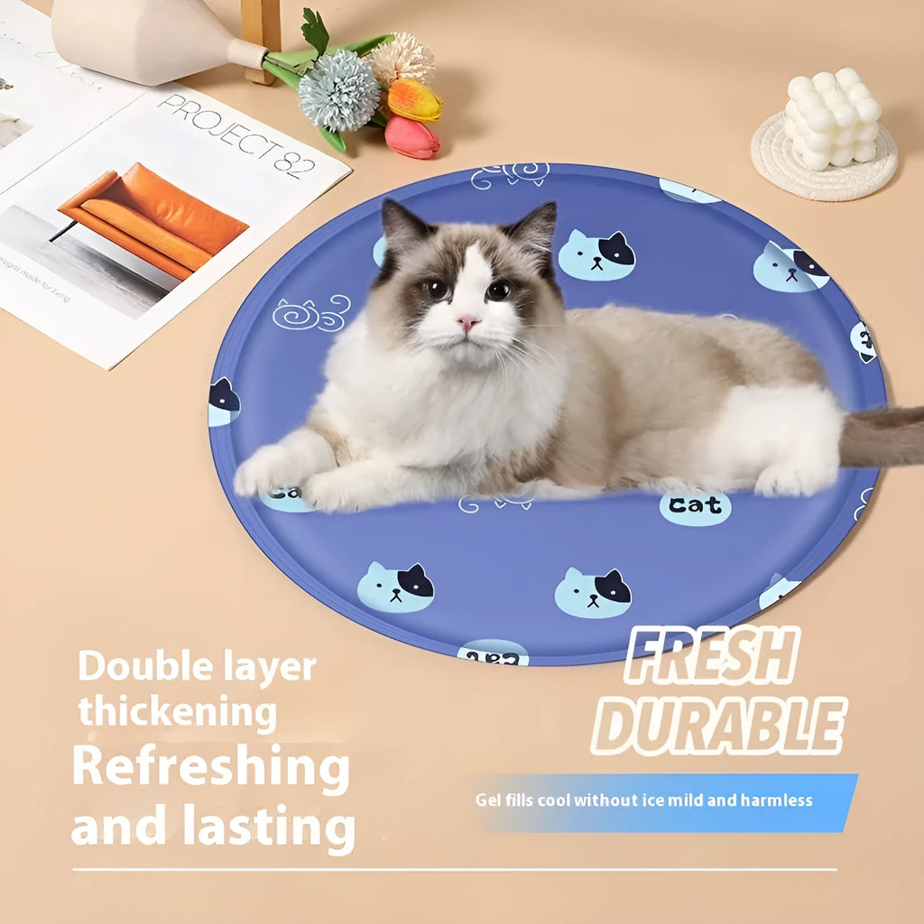 Round cloth pet cooling mat with cartoon bunny design, shown in beige colour.