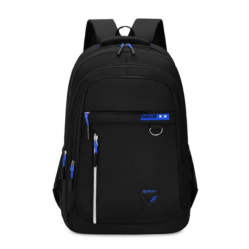 Men's Oxford cloth schoolbag showing air pillow belt system and 20-35 litre capacity