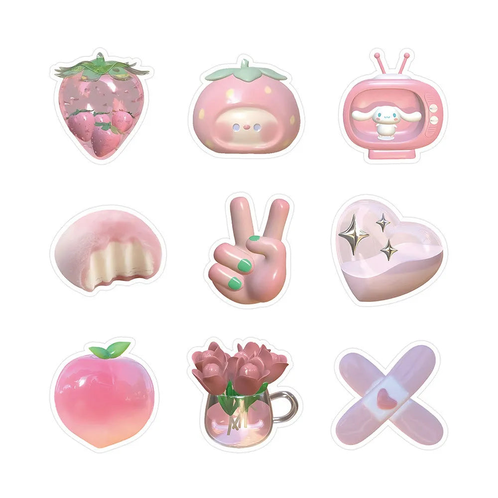 Pack of 63 pink heart-shaped 3D decorative stickers for crafts and laptop decoration.