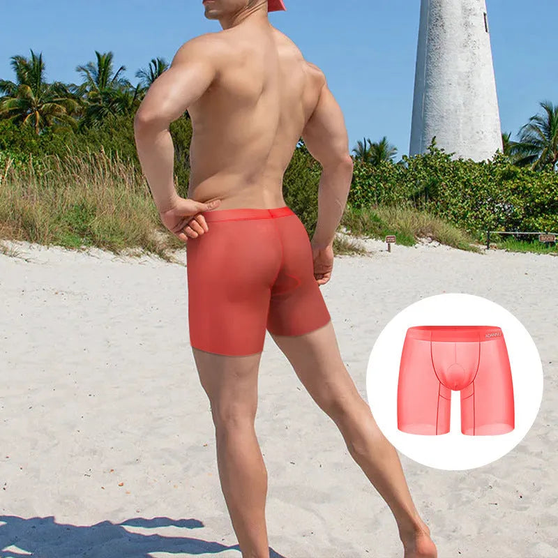 Men's ice silk boxer shorts in orange colour showing low waist design