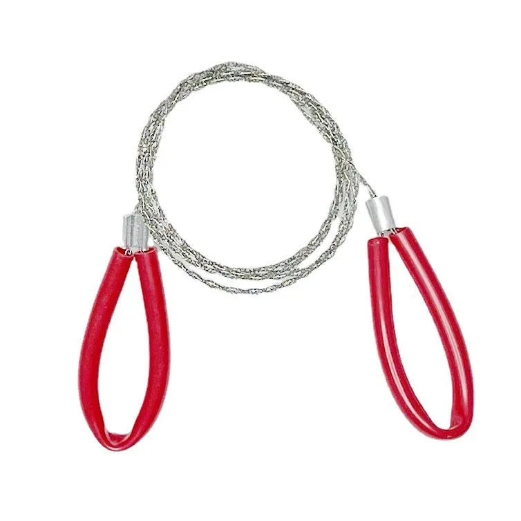 German stainless steel survival wire saw with leather hand case showing extended wire blade