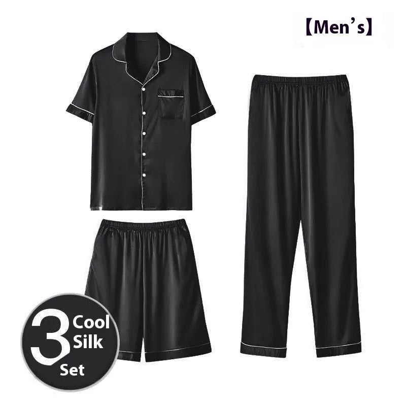 Men's ice silk three-piece homewear set in a choice of colours, showing top, shorts, and trousers.