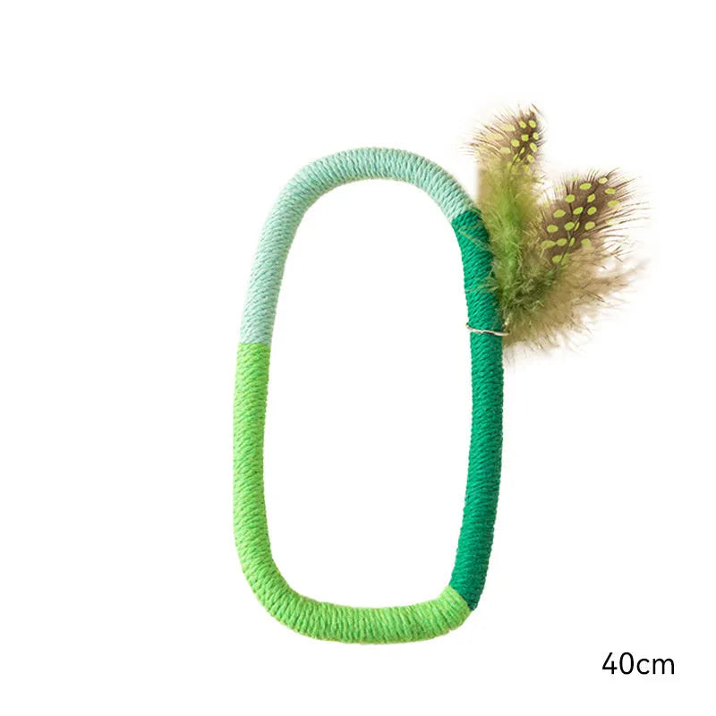 Circular cotton rope cat toy with feathers and catnip filling for indoor feline play