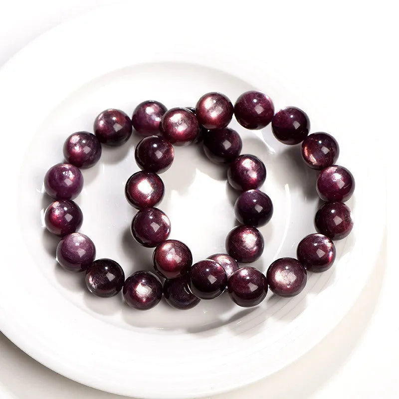 Polished natural purple lepidolite crystal round bead bracelet showing size options