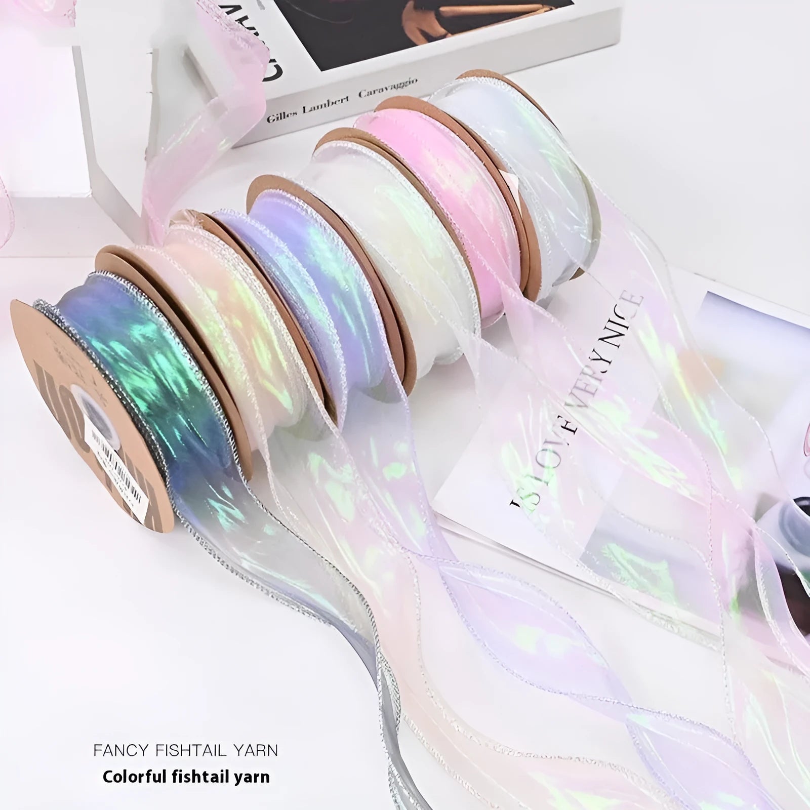 Mesh fishtail yarn floral wave ribbon roll in 4cm width for DIY crafts and bouquet decoration