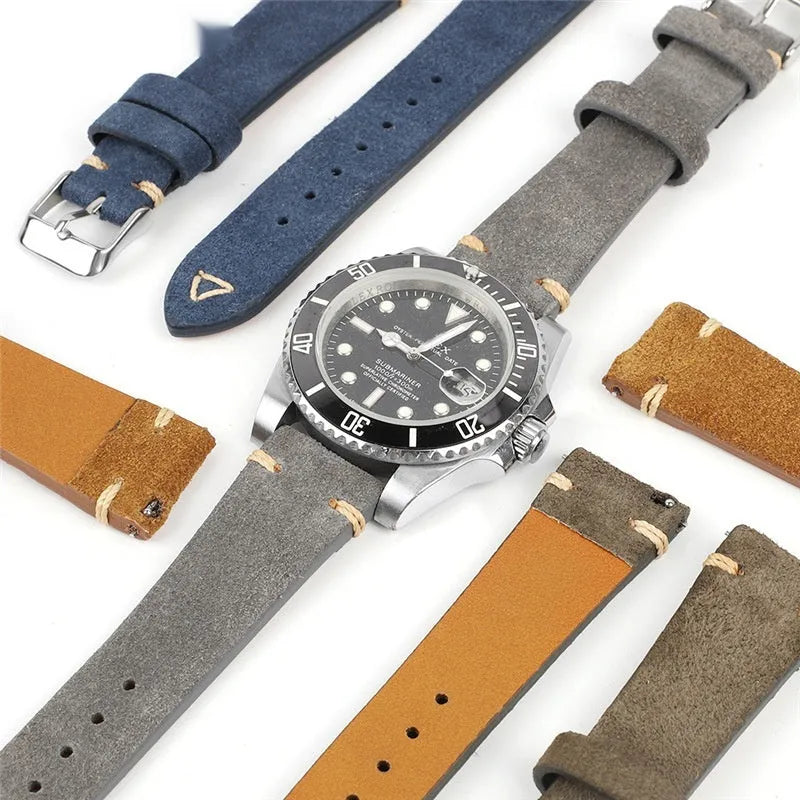 Genuine suede leather watch strap in four colour options for 20mm or 22mm watches