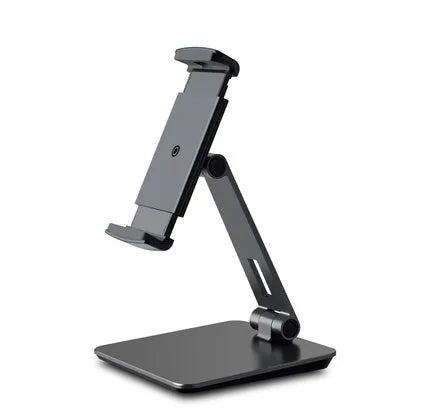 Foldable aluminium and ABS desktop stand holding a tablet at an angle.