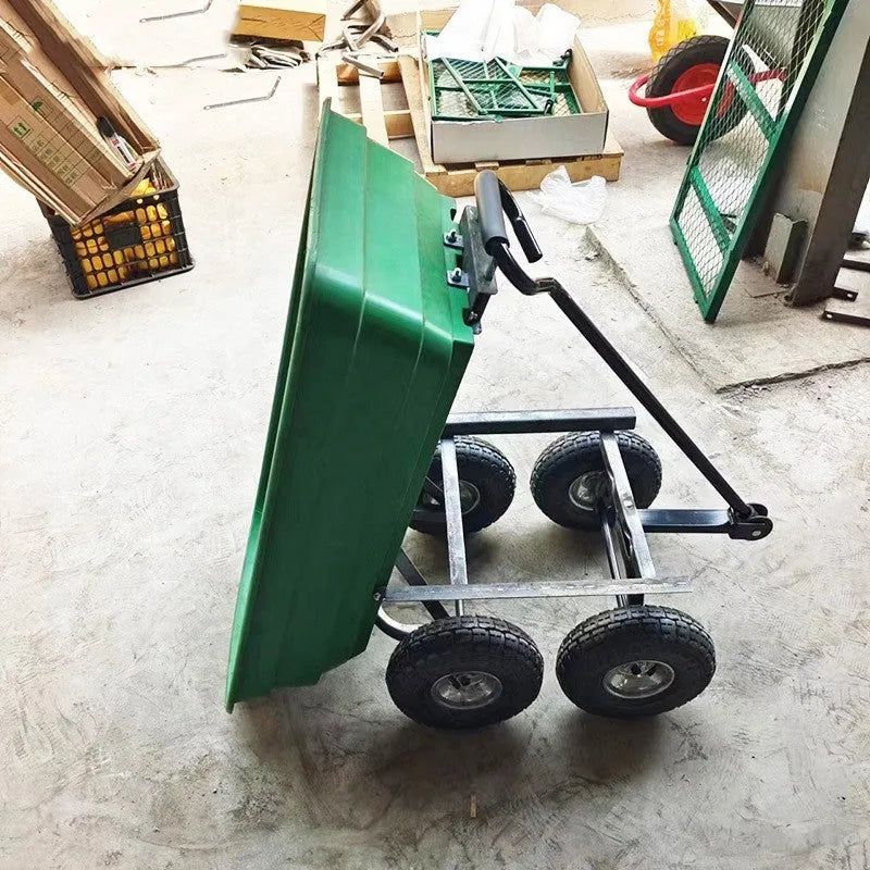 Green four-wheel plastic dumptruck with tipping bed, model TC2145.