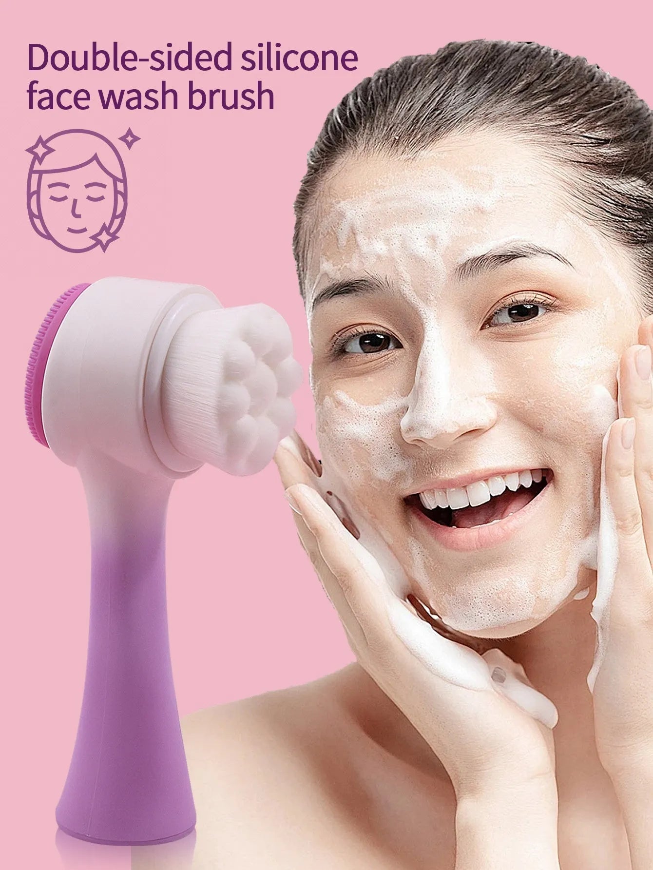 Facial brush set with coral fleece hair band, nylon bristle brush, and plastic toothbrush in purple, grey, white, or pink colours
