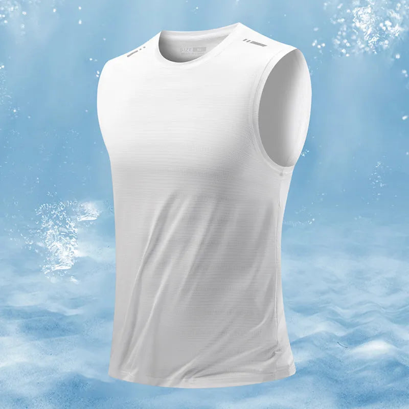 A man's loose-fit sleeveless vest in a solid colour, showing the straight hem and casual style.