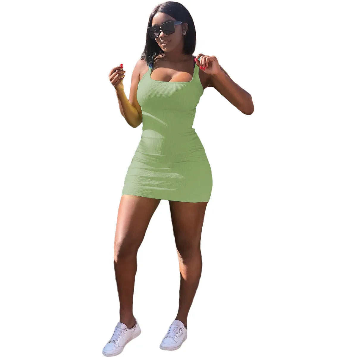 Casual slim fit dress with big U-neck, sunken stripes, princess sleeves, and straps in light green.